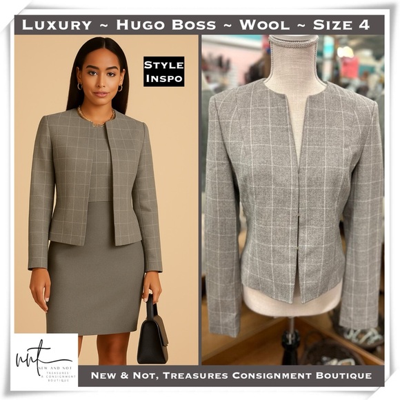 Hugo Boss Jackets & Blazers - Luxury Designer Hugo Boss Grey Plaid Virgin Wool Blazer in US Size 4